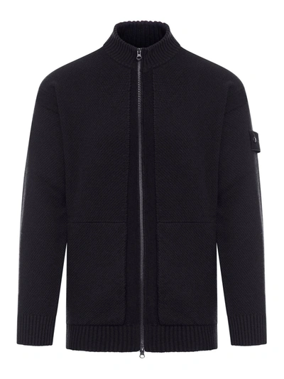 Stone Island Logo Patch Zip-up Knitted Cardigan In Nero