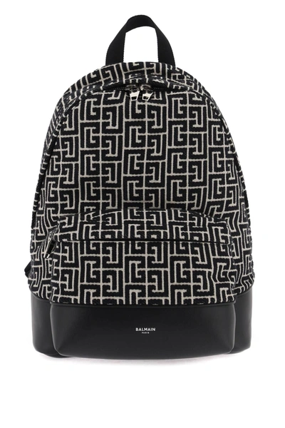 Balmain Backpack In Black And Ivory Jacquard With Maxi Monogram In Nero