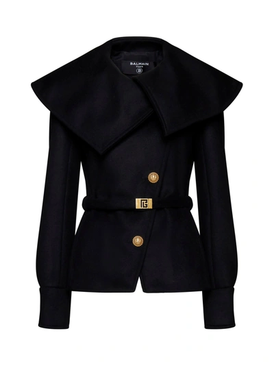 Balmain Double-breasted Short Coat In Noir