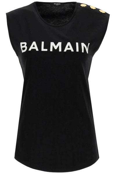 Balmain Black Logo-print Cotton Tank Top In Noir/blanc
