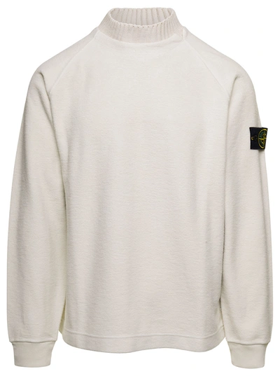 Stone Island White Sweatshirt With Ribbed Crewneck With Logo Patch In Cotton Blend In Plaster