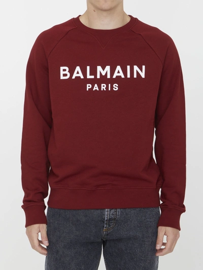 Balmain Cotton Sweatshirt With Logo In Red