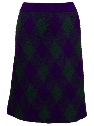 BURBERRY BURBERRY MIDI PURPLE SKIRT WITH ARGYLE PRINT IN WOOL WOMAN