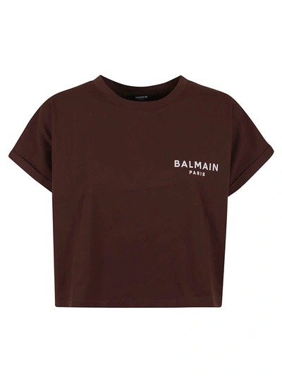 Balmain Flock Detail Cropped T-shirt In Wch Marron Chaud Naturel