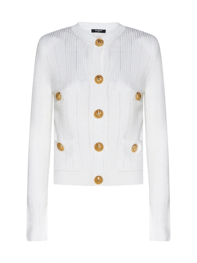 Balmain Knit Cardigan With Gold Buttons In White