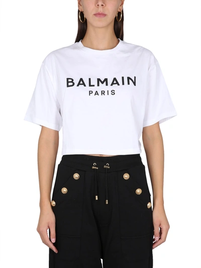 BALMAIN BALMAIN LOGO PRINT CROPPED T-SHIRT