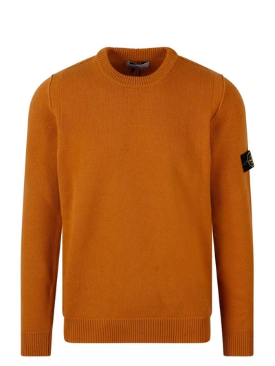 Stone Island Logo Patch Crewneck Knitted Jumper In Yellow & Orange