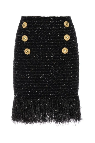 Balmain Fringed Tweed Short Skirt With 6 Buttons In Black