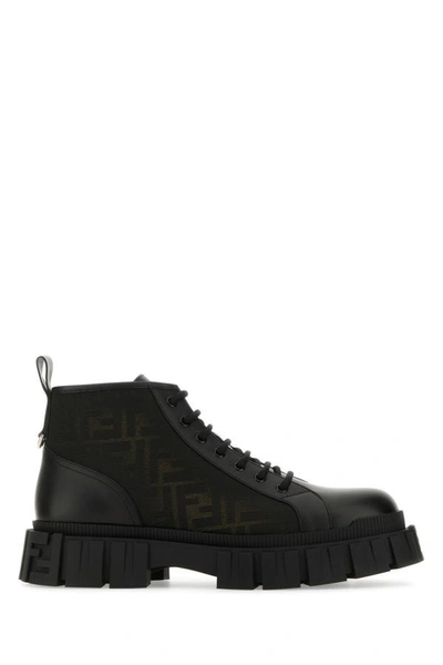 Fendi Man Two-tone Leather And Fabric Ankle Boots In Multicolor