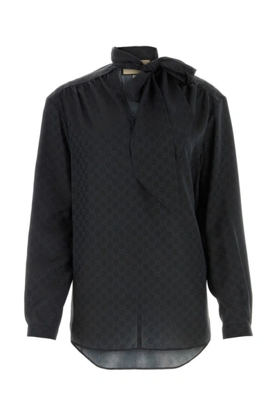 Gucci Gg-jacquard Silk-crepe Shirt In Black