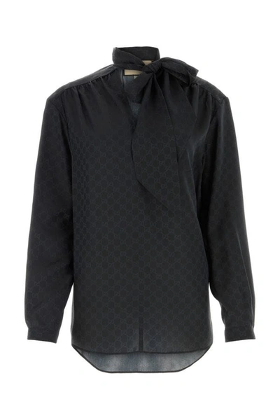 Gucci Gg-jacquard Silk-crepe Shirt In Black  