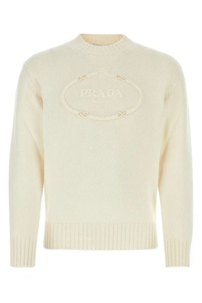 Prada Man Ivory Wool Blend Sweater In Cream