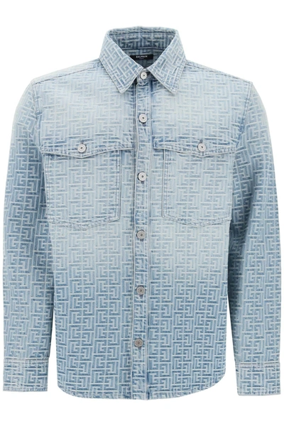 Balmain Monogram Denim Overshirt In Light Blue