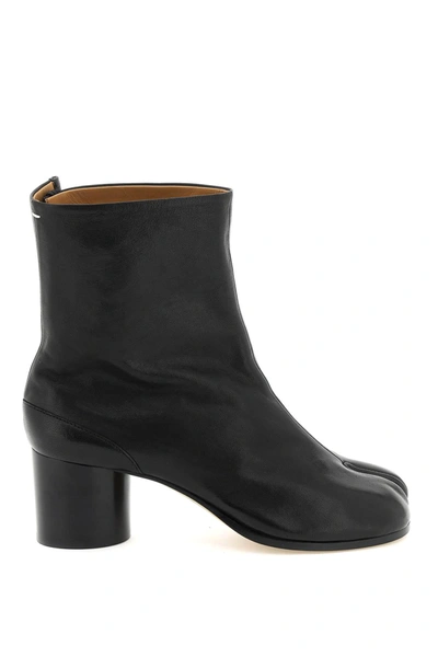 Maison Margiela Plum Coloured Leather Tabi Ankle Boots In Black