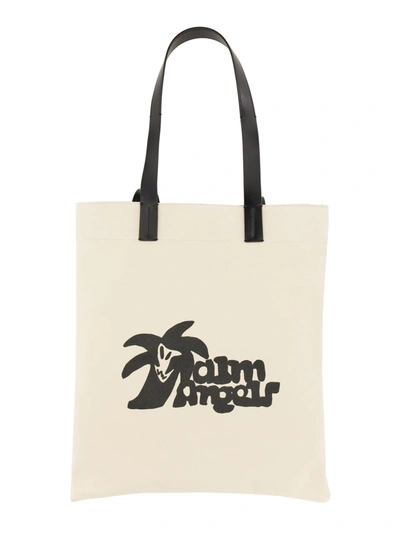 Palm Angels Cotton Canvas Shopping Bag In Bianco