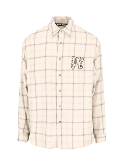 Palm Angels Logo Embroidered Checked Long-sleeved Shirt In Beige