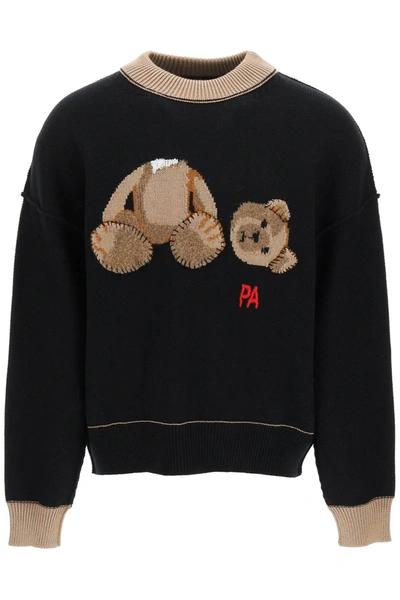 Palm Angels Man Black Sweater With Logo And Bear Graphic Motif