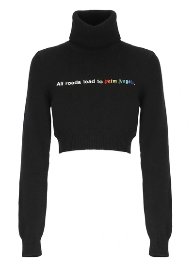 Palm Angels All Roads Cropped Embroidered Knitted Turtleneck Sweater In Black