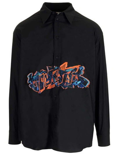 Off-white Black Shirt With Embroidered Graffiti In Black Fluo Orange