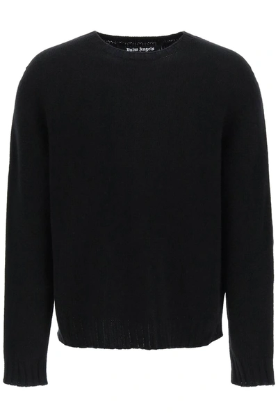 Palm Angels Black Wool Sweater With White Curved Logo On The Back In Black White