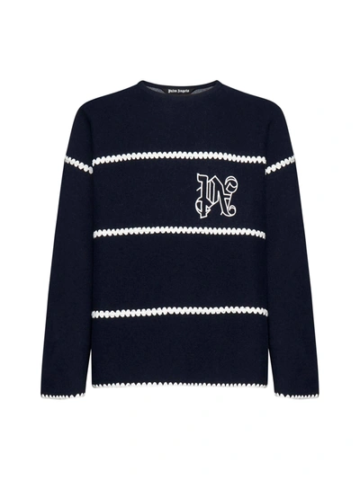 Palm Angels Striped Monogram Sweater In Blue