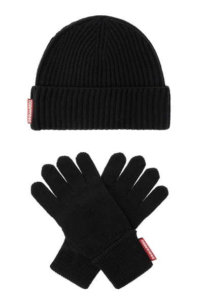 Dsquared2 Set Beanie And Gloves In Nero