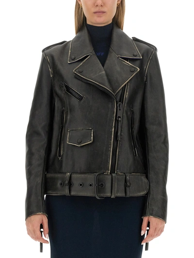 Off-white Leather Vintage Oversize Biker Jacket In Black