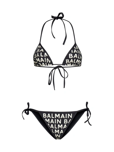 Balmain Logo Glitter-embellished Triangle Bikini Set In Black Gold