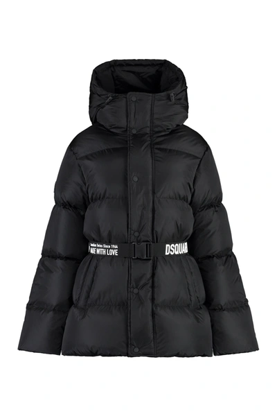 Dsquared2 Puff Black Hooded Puffer With Belt In Nero