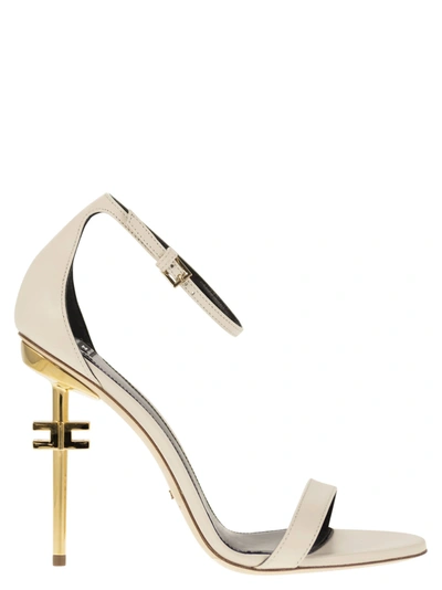 Elisabetta Franchi Leather Sandals With Logo Heel In Butter