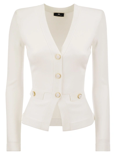 Elisabetta Franchi Shiny Viscose Cardigan With Twin Buttons In Ivory