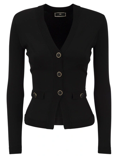 Elisabetta Franchi Shiny Viscose Cardigan With Twin Buttons In Black