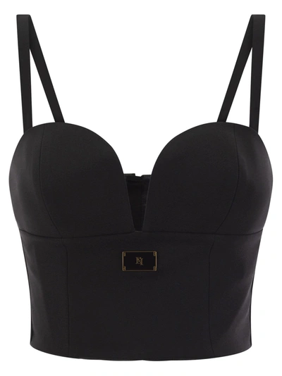 Elisabetta Franchi Stretch Crepe Bustier Top With Enamelled Logo Plaque In Black