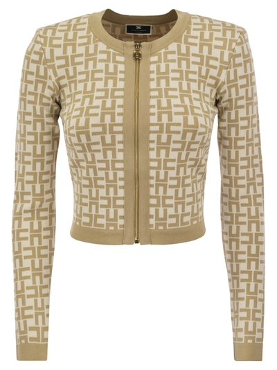 Elisabetta Franchi Monogram Butter Beige Cropped Cardigan