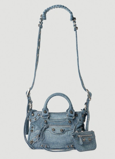 Balenciaga Small Leather Neo Cagole Tote Bag In Blue