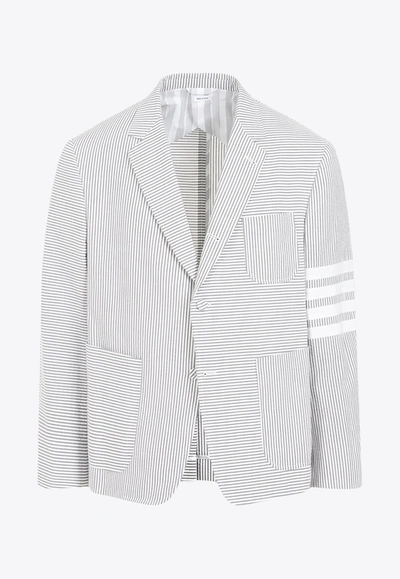 Thom Browne Fun Mix Striped Cotton-seersucker Blazer In Gray