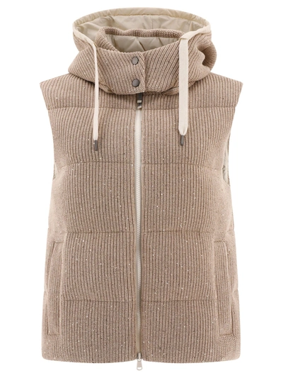 Brunello Cucinelli Cotton Knit Vest With Down Padding And Removable Hood In Neutral