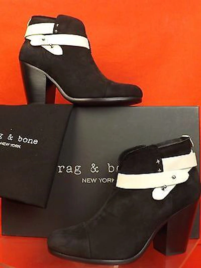 Pre-owned Rag & Bone Black Two Tone Nubuck Belted Harrow Ankle Boots 38.5 $495 In Black/white