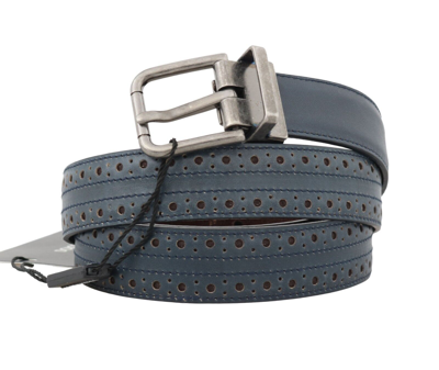 Pre-owned Dolce & Gabbana Belt Blue Perforated Leather Gray Buckle S. 90cm /36in Rrp $470