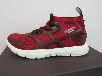 Pre-owned Valentino Garavani Valentino Red Mesh Burgundy Suede Leather Rockstud Hi Top Sock Sneakers 41 8