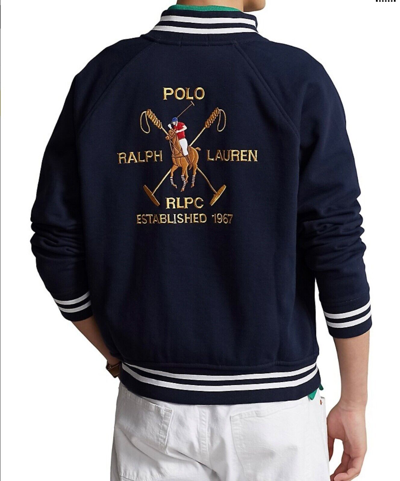 Pre-owned Polo Ralph Lauren Navy Blue Equestrian Polo Logo Double Knit Baseball Jacket