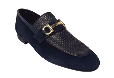 Pre-owned Sigotto Uomo Men's Slip On Navy Suede/leather Dress Shoes 6530 In Blue