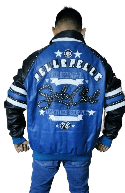 Pre-owned Handmade Men's Pelle Pelle Classic Soda Club Blue Plush Stylish Leather Jacket.