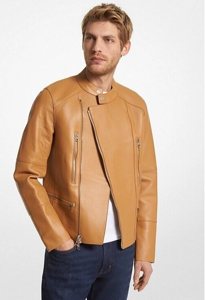 Pre-owned Michael Kors Nappa Leather Moto Jacket Men's M Peanut Zipper Front Closure