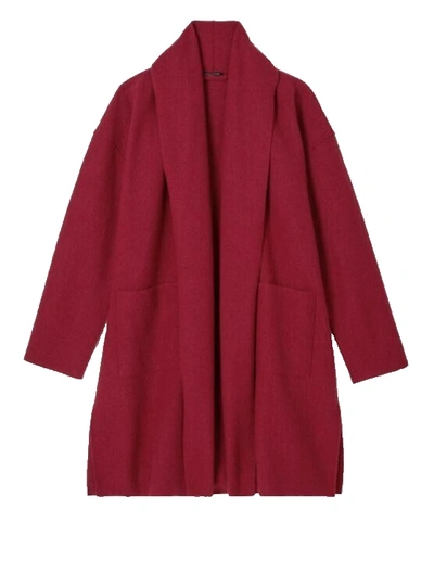 Pre-owned Eileen Fisher Ltweight Boiled Wool Long Coat Jacket Duster Deep Claret Red M
