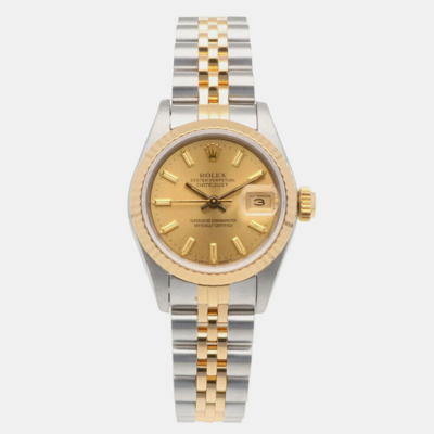 Pre-owned Rolex Champagne 18k Yellow Gold Stainless Steel Datejust 69173 Automatic Women's Wristwatch 26 Mm
