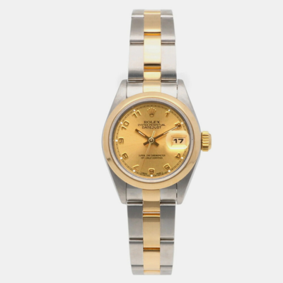 Pre-owned Rolex Champagne 18k Yellow Gold Stainless Steel Datejust 69163 Automatic Women's Wristwatch 26 Mm