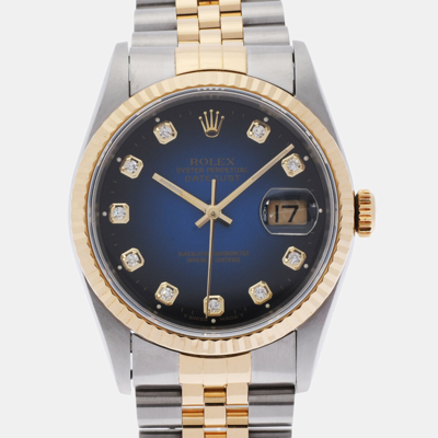 Pre-owned Rolex Champagne Diamond 18k Yellow Gold Stainless Steel Datejust 16233 Automatic Men's Wristwatch 36 Mm In Blue
