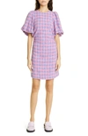 Ganni Short Sleeve Check Suiting Mini Dress In Wild Orchid
