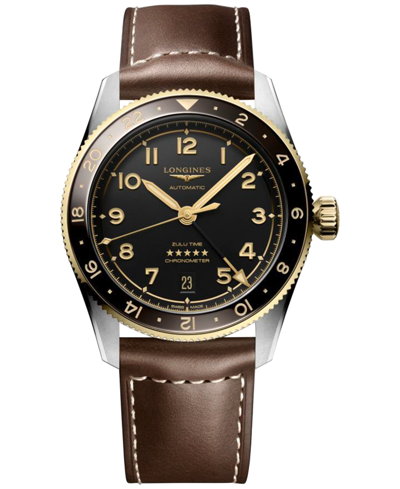 Longines Men's Swiss Automatic Spirit Zulu Time Brown Leather Strap Watch 39mm In Black/brown